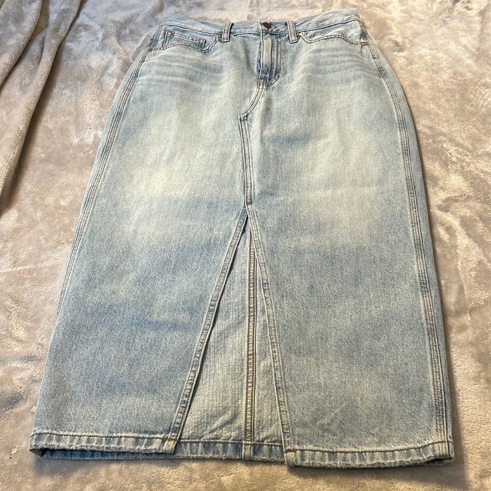 Light Blue Denim Midi Skirt with Front Slit